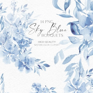 Watercolor sky blue floral bouquet clipart with leaves and roses border
