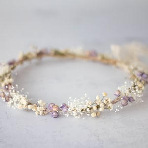 Dried flower crown headband with ivory baby-breath flowers and small purple accents