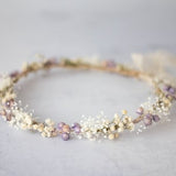 Dried flower crown for wedding, purple floral crown, baby breath headband, dainty flower headband, ivory lavender floral headband