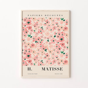 Pink flower poster with colorful blossoms, framed, with 'H. MATISSE' text