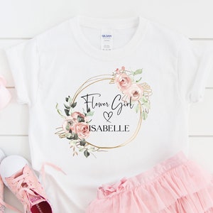 White kids t-shirt with floral wreath and 'Flower Girl' & 'ISABELLE' text