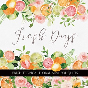 Watercolor floral bouquet illustration with orange and citrus fruits, fresh days style