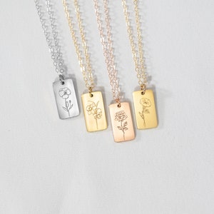 Dainty birth month flower bar pendant necklace with engraved floral design, mixed metal tones