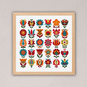 Framed cross-stitch pattern with colorful folk floral motifs on a white background