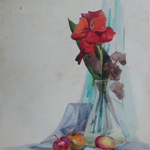 Still life painting with red roses in a blue vase and fruit on a table