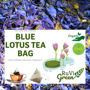Organic blue lotus tea bag pouch with lotus flowers and RuVi Green logo