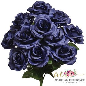 Artificial navy rose bouquet cluster with green leaves, silk-like faux blooms
