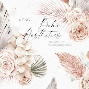 Watercolor boho dried flower clipart with roses and palm leaf accents