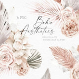 Watercolor boho dried flower clipart, Palm boho roses bouquets png, tropical logo with dried palms 044