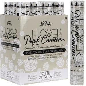 White flower petal cannon gift box packaging with “Petal Cannon” label