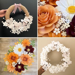 Cherry blossom paper flower wreath template on a circular frame, with white blossoms