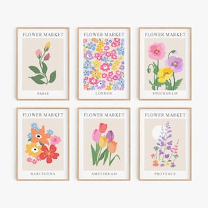 Set of 6 framed-style gallery wall prints with abstract botanical flowers and text labels