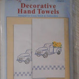 Flower Delivery, old farm truck with sunflowers, A pair of Kitchen Towels Stamped for embroidery.  Like new.  17 x 28 inches each.