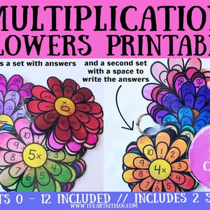 Printable multiplication flower math wheels 0–12 activity cards with writable answer space