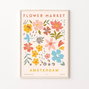 Flower market poster with colorful floral illustration and “AMSTERDAM” text