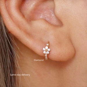 Small 14k solid gold flower diamond hoop earring for helix cartilage