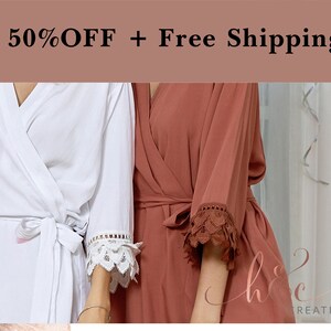 Lace-trimmed bridesmaid robe, white and dusty rose, tied waist with lace cuff detail
