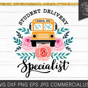 School bus floral wreath specialist cut file graphic with roses and “Specialist” text