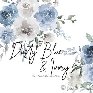 Watercolor floral clipart: dusty blue & ivory roses, peonies, leaves; 'Dusty Blue & Ivory'