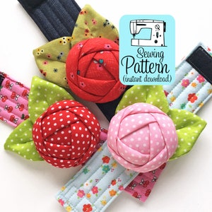 Fabric rose pin cushion cuff bracelet in red, pink, and green with ribbon ties