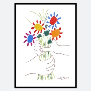 Framed abstract art print of a hand holding a bouquet of colorful flowers, black border