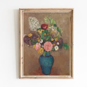 Framed floral oil painting with a blue vase and pink bouquet