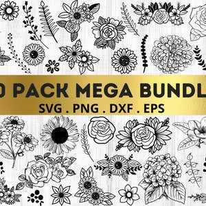 Floral SVG bundle with black flower and leaf line art, bundle pack