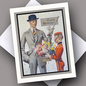 Birthday notecard featuring a dapper gentleman in suit and hat with flowers illustration