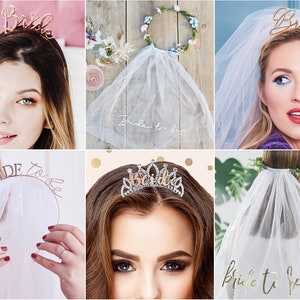 Bride to-be tiara headband with white tulle veil and decorative beadwork
