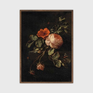 Framed vintage floral poster with peonies and dark botanical leaves