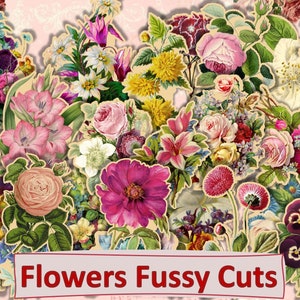 Printable fussy-cut flower ephemera sheet with assorted pink, yellow, and red blooms