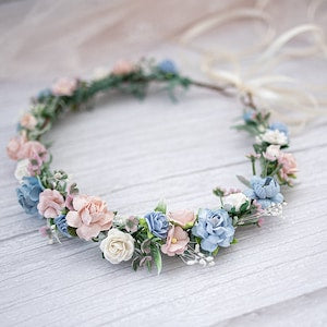 Dusty blue bridal flower crown headband with pastel roses and eucalyptus sprigs