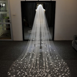 White cathedral wedding veil with sheer tulle and pearl flower appliques