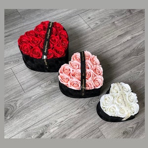 Velvet rose heart hatbox with black base, red and pink rose hearts and white rose heart
