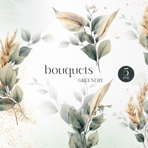 Watercolor botanical greenery bouquet clipart with leaves and stems, set of floral elements