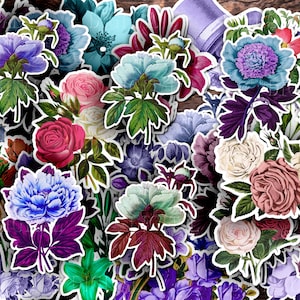 Botanical ephemera printable kit with multicolor fussy-cut flower designs, white outlines