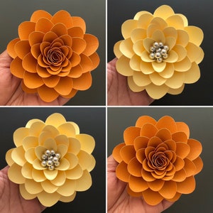 Small paper flower templates, orange and yellow 3D rosettes with pearl centers