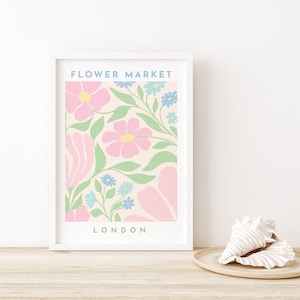 Framed pastel botanical print with pink flowers, green leaves, FLOWER MARKET and LONDON
