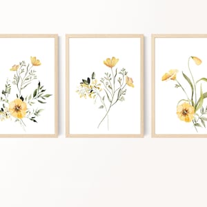Set of three framed watercolor wildflower wall art prints with yellow blossoms.