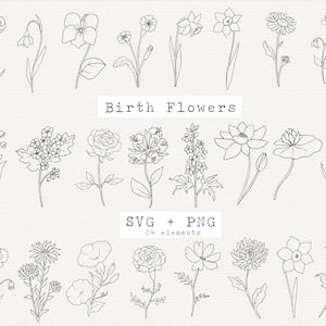 Birth month flower SVG bundle with hand-drawn line-art floral clips, SVG and PNG set