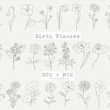 Birth Month Flower SVG Bundle, Birthday Flower, Flower Clipart, Floral Svg Bundle, Botanical Clipart PNG, Hand Drawn, Cut File for Cricut