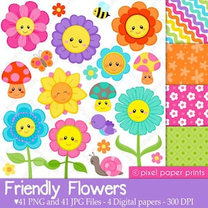Digital flower clip art set with cheerful cartoon flowers, bees, and ladybugs