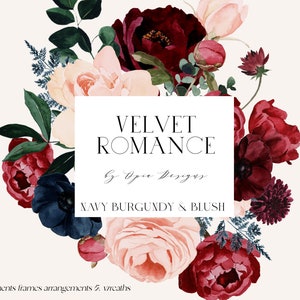 Watercolor floral clipart wreath: burgundy roses, blush blooms, navy foliage, Velvet Romance text