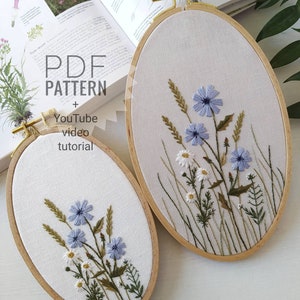 Botanical embroidery design in an oval hoop, with blue flowers and herb stems