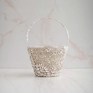 Sparkly jeweled flower girl basket with white beaded handle
