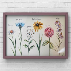 Framed botanical watercolor wildflower print with long-stem flowers and small labels
