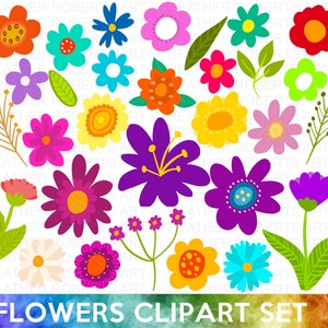 Colorful floral clipart set with mixed flower icons and leaves, PNG sticker pack