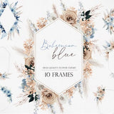 Watercolor flower, Boho flower, Boho Blue clipart, Dusty blue flower, Boho flower clipart, Dried flower, Pampass clipart, Boho Frame