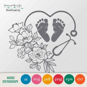 Heart-shaped baby foot nursing decal with stethoscope and floral line art