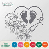 Heart-shaped baby foot nursing decal with stethoscope and floral line art